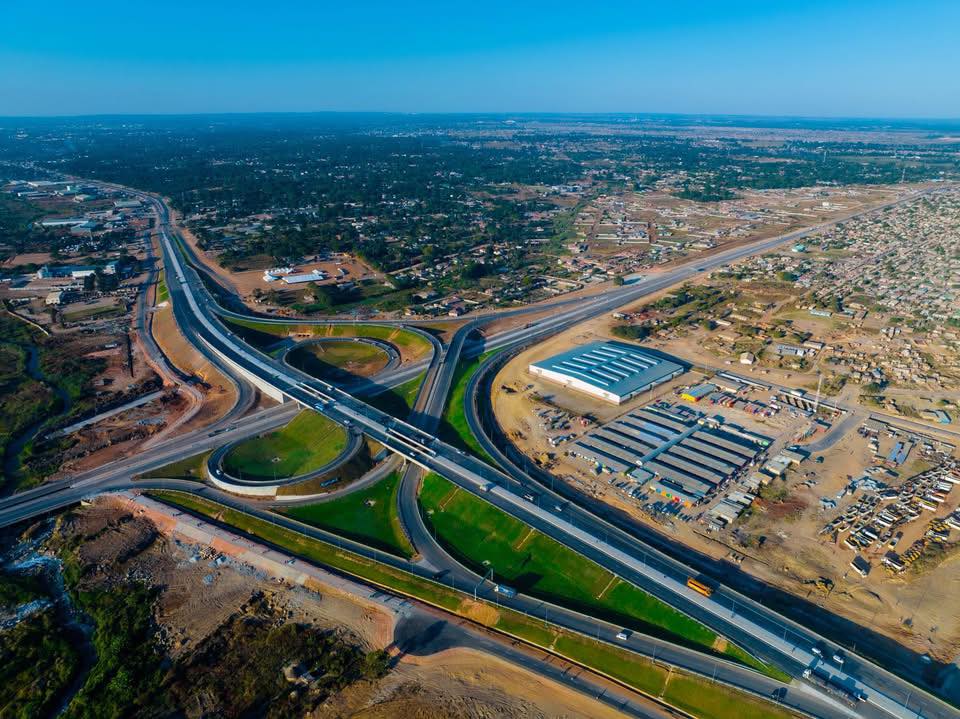Aerial view of Trabablas Interchange - modern highway interchange with curved overpasses